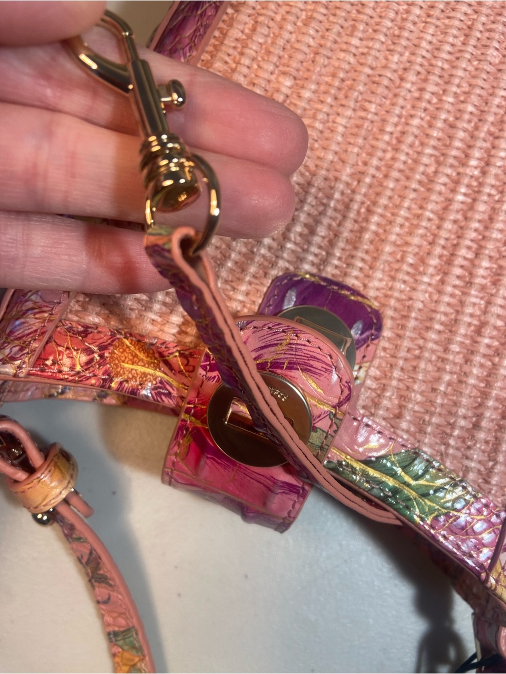 Brahmin Pink Woven Crossbody with Floral Trim - Picture 7 of 13